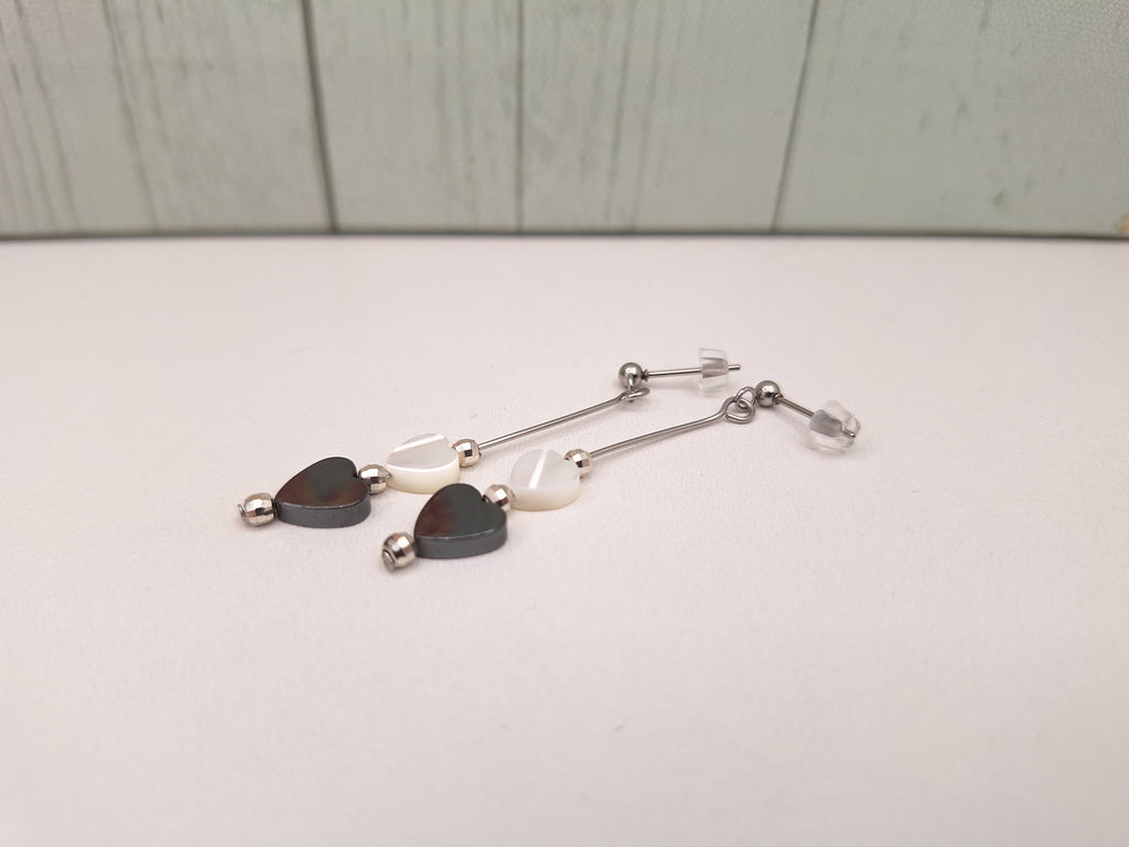 Mother of Pearl/Hematite and 925 Bead Dangle Drop Earring, Heart Themed Minimalistic Jewellery for Gifts, Steel 304 Earrings for Her