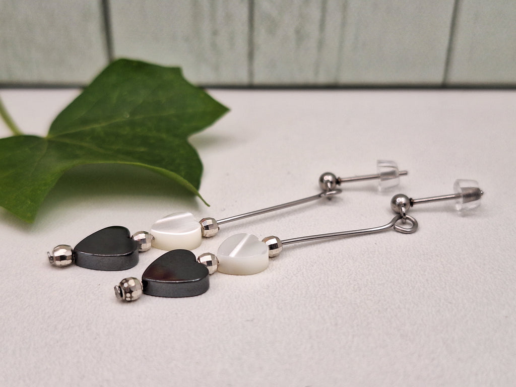 Mother of Pearl/Hematite and 925 Bead Dangle Drop Earring, Heart Themed Minimalistic Jewellery for Gifts, Steel 304 Earrings for Her