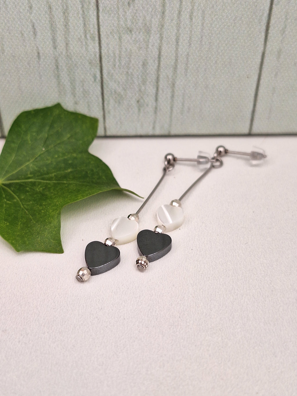 Mother of Pearl/Hematite and 925 Bead Dangle Drop Earring, Heart Themed Minimalistic Jewellery for Gifts, Steel 304 Earrings for Her