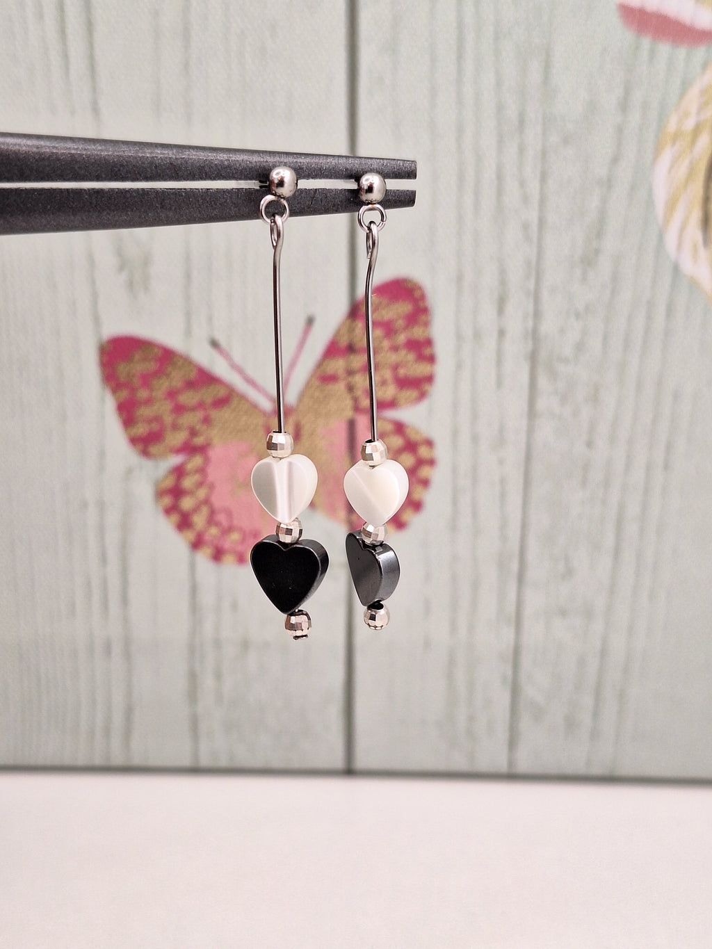 Mother of Pearl/Hematite and 925 Bead Dangle Drop Earring, Heart Themed Minimalistic Jewellery for Gifts, Steel 304 Earrings for Her