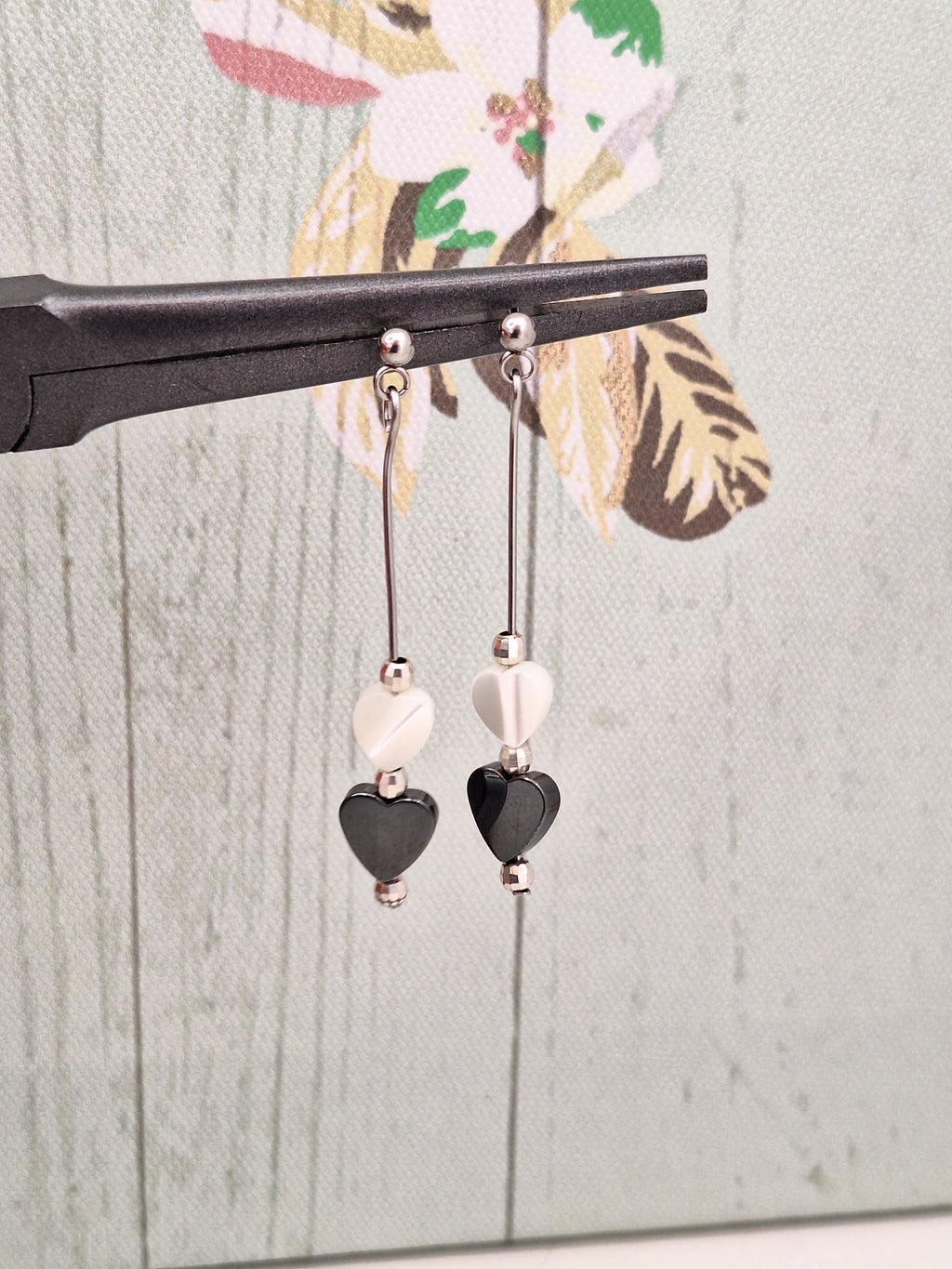 Mother of Pearl/Hematite and 925 Bead Dangle Drop Earring, Heart Themed Minimalistic Jewellery for Gifts, Steel 304 Earrings for Her