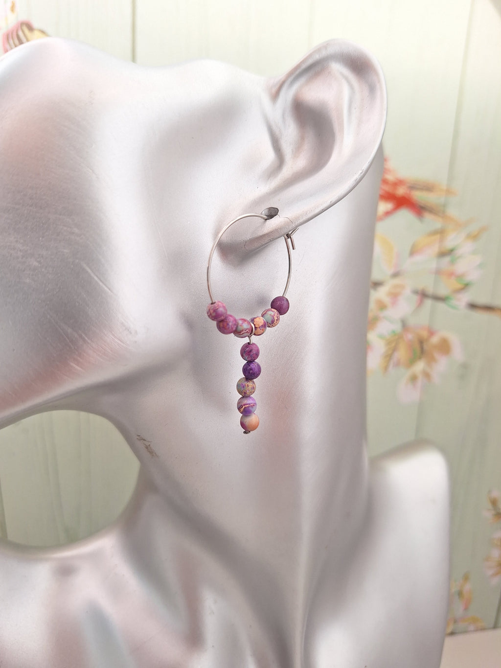 Purple Jasper Hoops on 316L Surgical Steel, Hypoallergenic Earrings for Women, 25mm Multi-coloured Mixed Purple Jasper Boho Jewellery