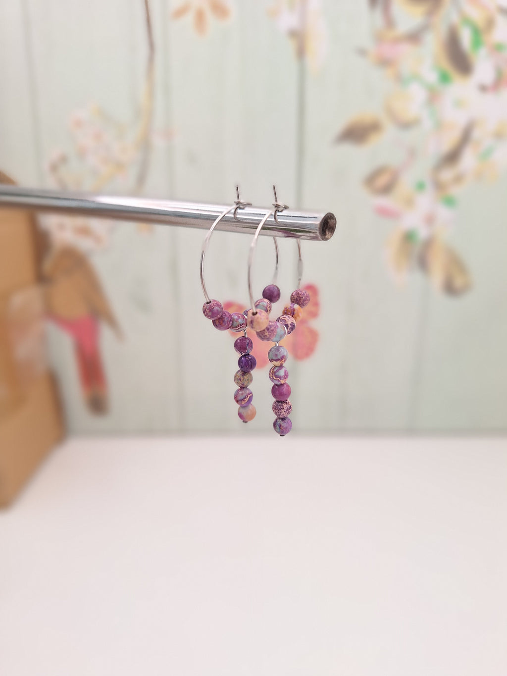Purple Jasper Hoops on 316L Surgical Steel, Hypoallergenic Earrings for Women, 25mm Multi-coloured Mixed Purple Jasper Boho Jewellery