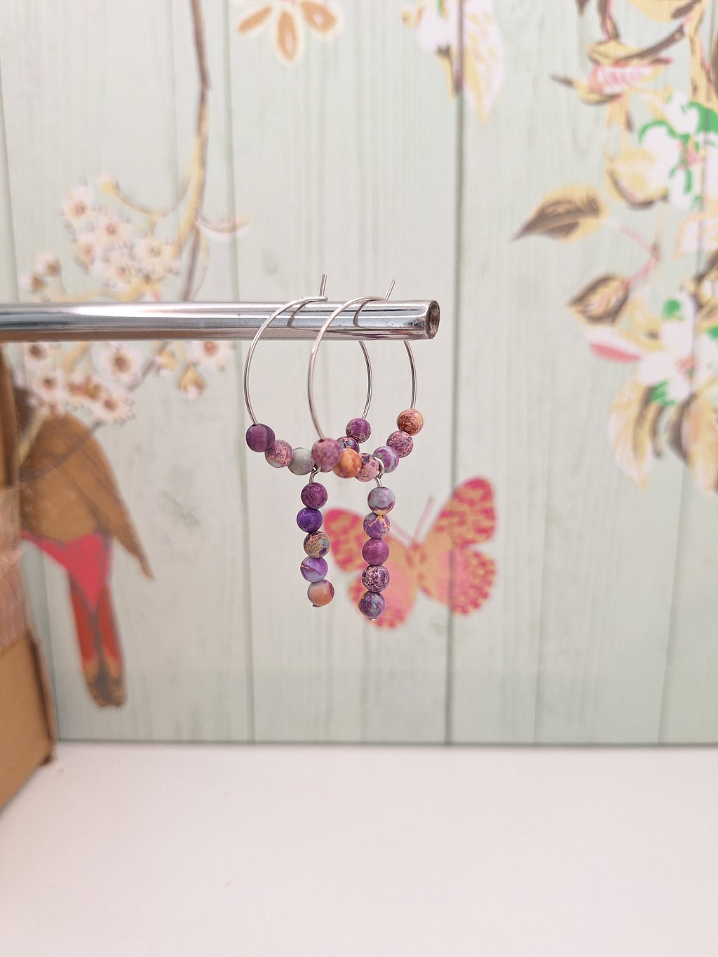 Purple Jasper Hoops on 316L Surgical Steel, Hypoallergenic Earrings for Women, 25mm Multi-coloured Mixed Purple Jasper Boho Jewellery
