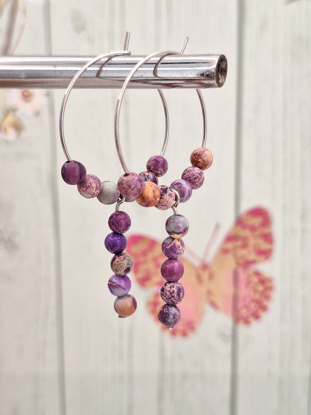 Purple Jasper Hoops on 316L Surgical Steel, Hypoallergenic Earrings for Women, 25mm Multi-coloured Mixed Purple Jasper Boho Jewellery