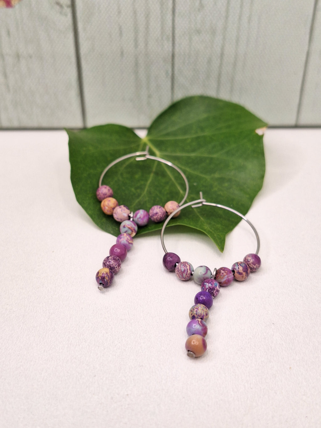 Purple Jasper Hoops on 316L Surgical Steel, Hypoallergenic Earrings for Women, 25mm Multi-coloured Mixed Purple Jasper Boho Jewellery