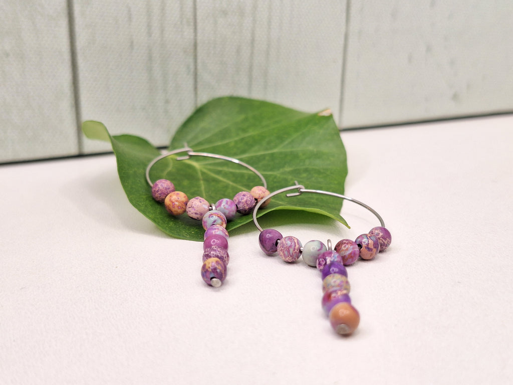 Purple Jasper Hoops on 316L Surgical Steel, Hypoallergenic Earrings for Women, 25mm Multi-coloured Mixed Purple Jasper Boho Jewellery