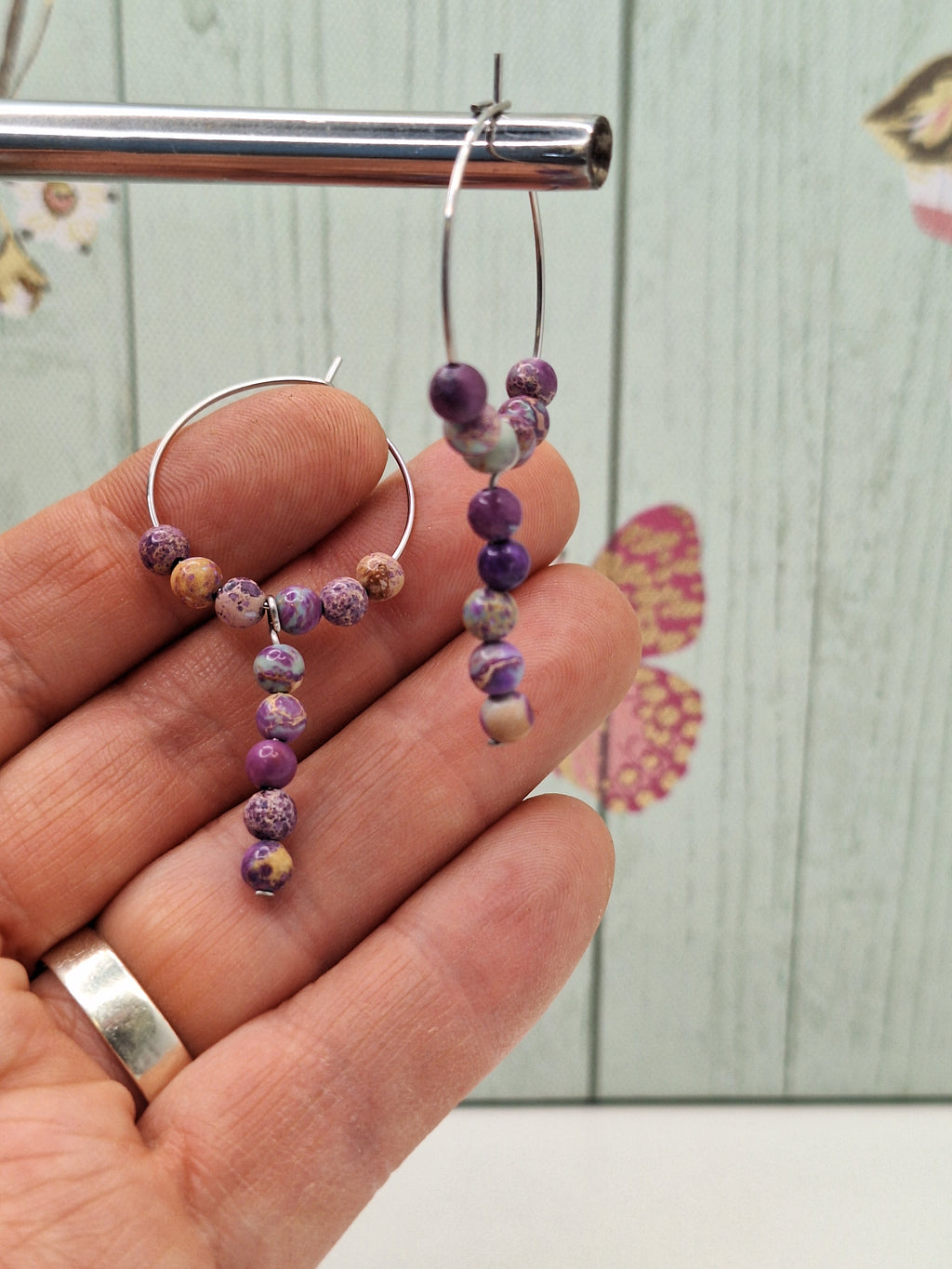 Purple Jasper Hoops on 316L Surgical Steel, Hypoallergenic Earrings for Women, 25mm Multi-coloured Mixed Purple Jasper Boho Jewellery