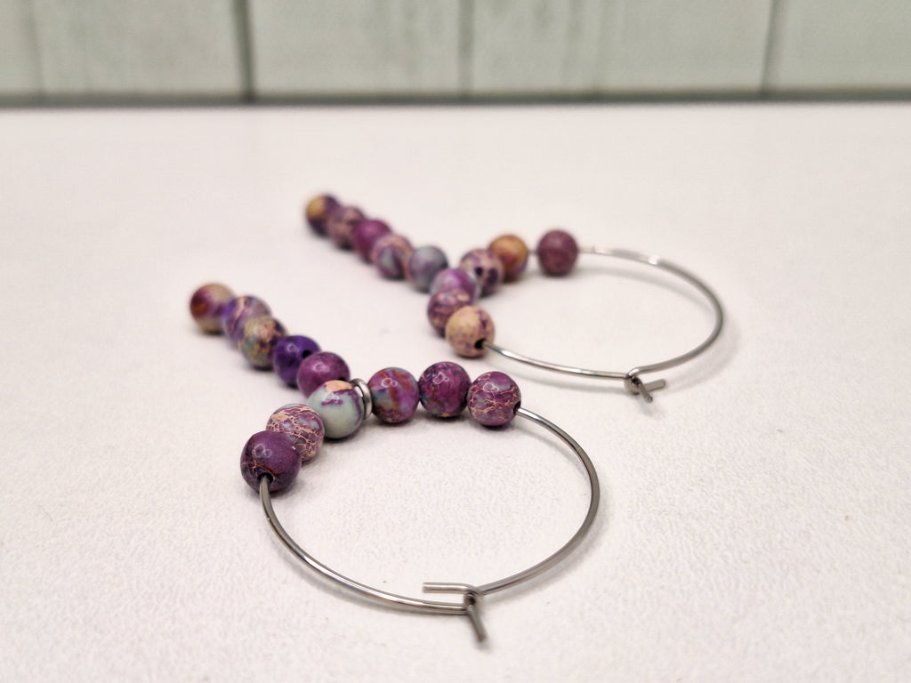 Purple Jasper Hoops on 316L Surgical Steel, Hypoallergenic Earrings for Women, 25mm Multi-coloured Mixed Purple Jasper Boho Jewellery