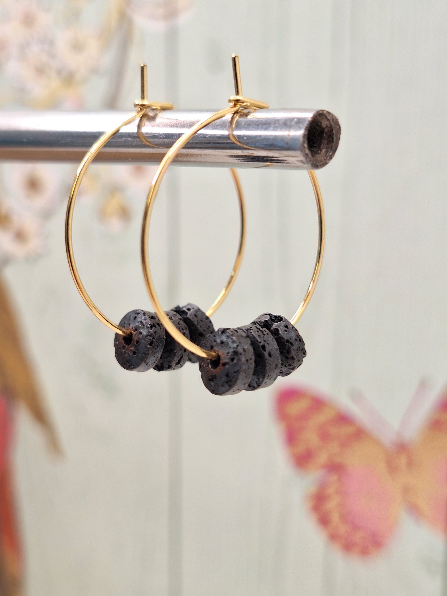 Black Lava Roundel Hoops on 316L Gold Surgical Steel, Hypoallergenic Earrings for Women, 25mm Gold Earring Gifts 6mm Lava Stone Jewellery.