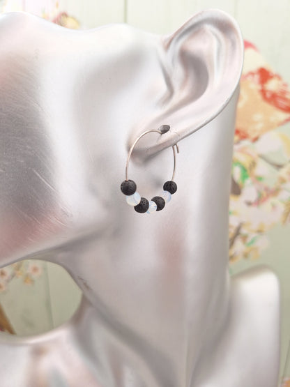 Black and White Stripy Hoops on 316L Surgical Steel, Hypoallergenic Earrings for Women, 25mm Lava/White Opalite Gem Minimalistic Jewellery