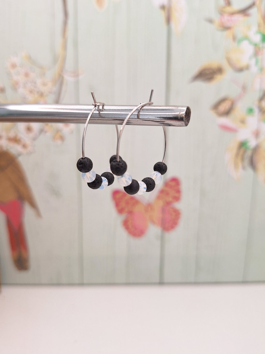 Black and White Stripy Hoops on 316L Surgical Steel, Hypoallergenic Earrings for Women, 25mm Lava/White Opalite Gem Minimalistic Jewellery