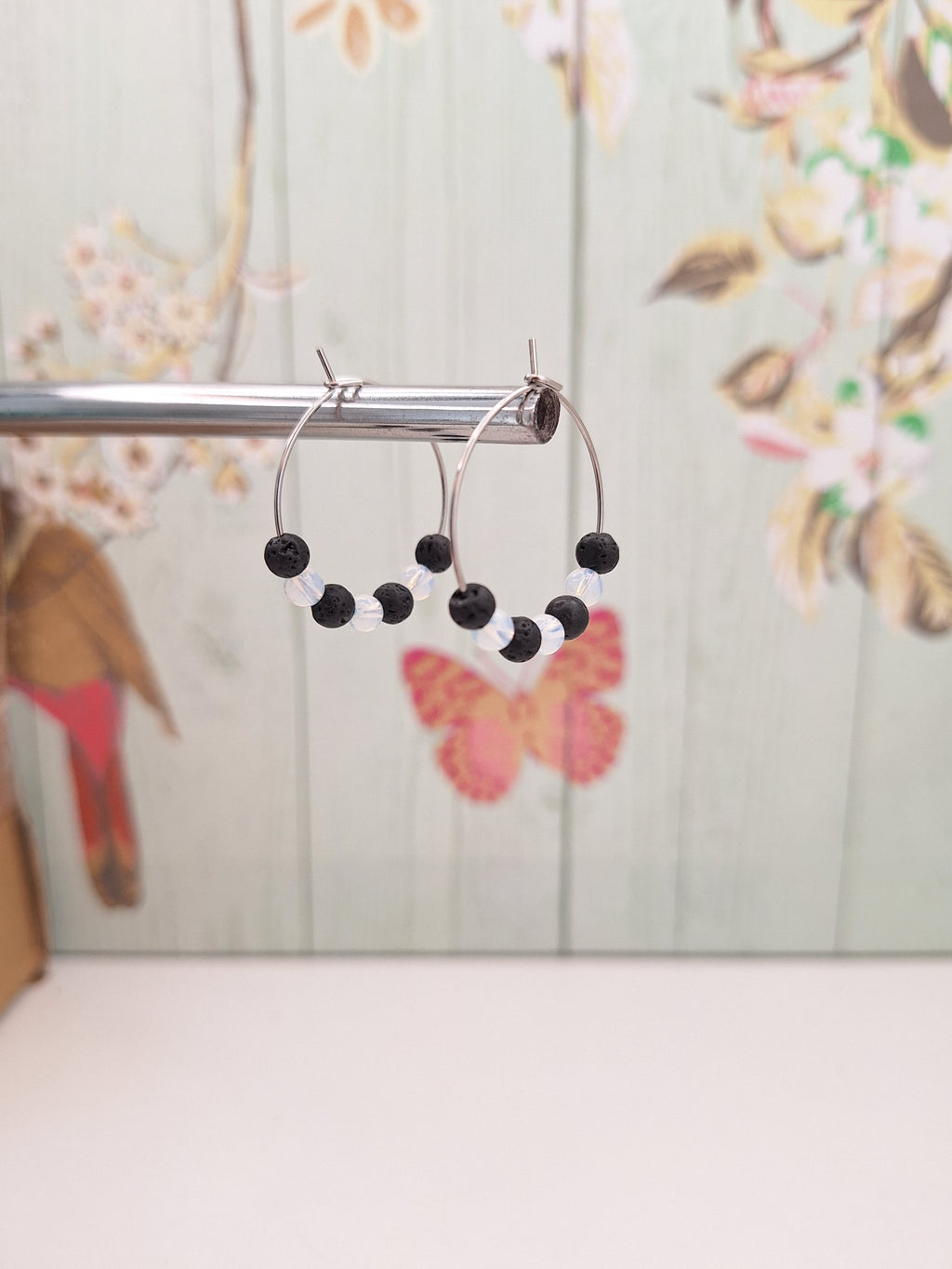 Black and White Stripy Hoops on 316L Surgical Steel, Hypoallergenic Earrings for Women, 25mm Lava/White Opalite Gem Minimalistic Jewellery