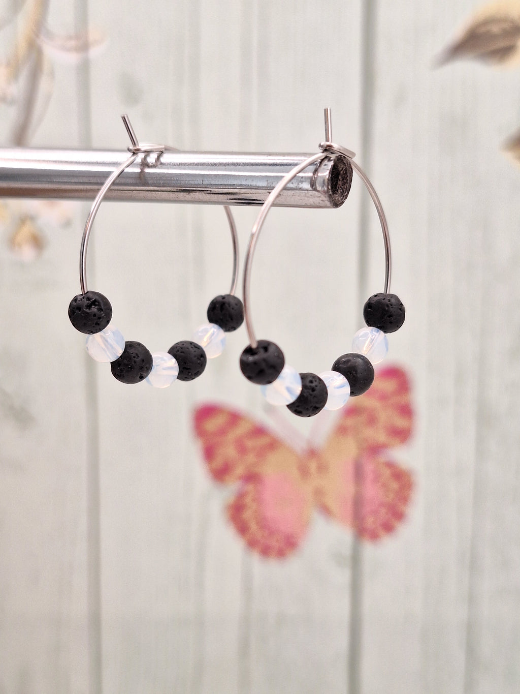 Black and White Stripy Hoops on 316L Surgical Steel, Hypoallergenic Earrings for Women, 25mm Lava/White Opalite Gem Minimalistic Jewellery