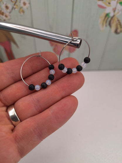 Black and White Stripy Hoops on 316L Surgical Steel, Hypoallergenic Earrings for Women, 25mm Lava/White Opalite Gem Minimalistic Jewellery