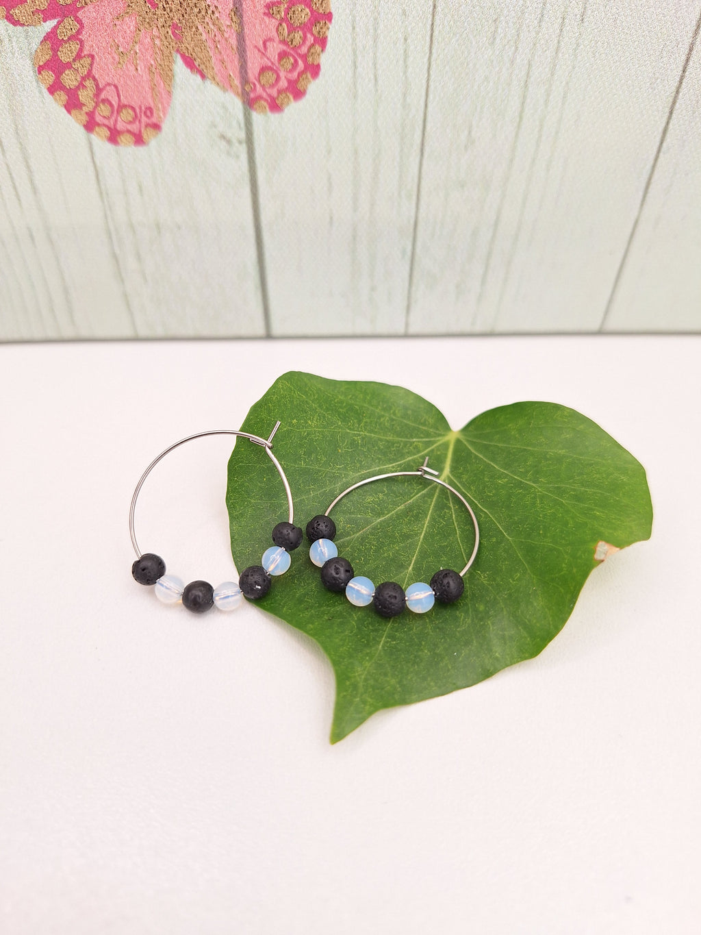 Black and White Stripy Hoops on 316L Surgical Steel, Hypoallergenic Earrings for Women, 25mm Lava/White Opalite Gem Minimalistic Jewellery