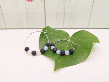 Black and White Stripy Hoops on 316L Surgical Steel, Hypoallergenic Earrings for Women, 25mm Lava/White Opalite Gem Minimalistic Jewellery