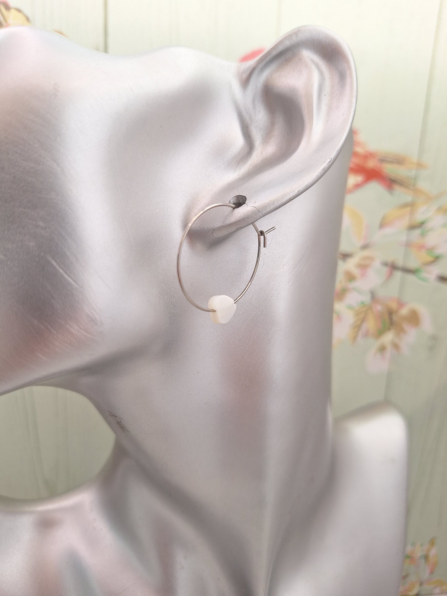 Heart Mother of Pearl Hoops on 316L Steel Colour Surgical Steel, Hypoallergenic Earrings for Women, 25mm Gold Shell Dangle Earrings.