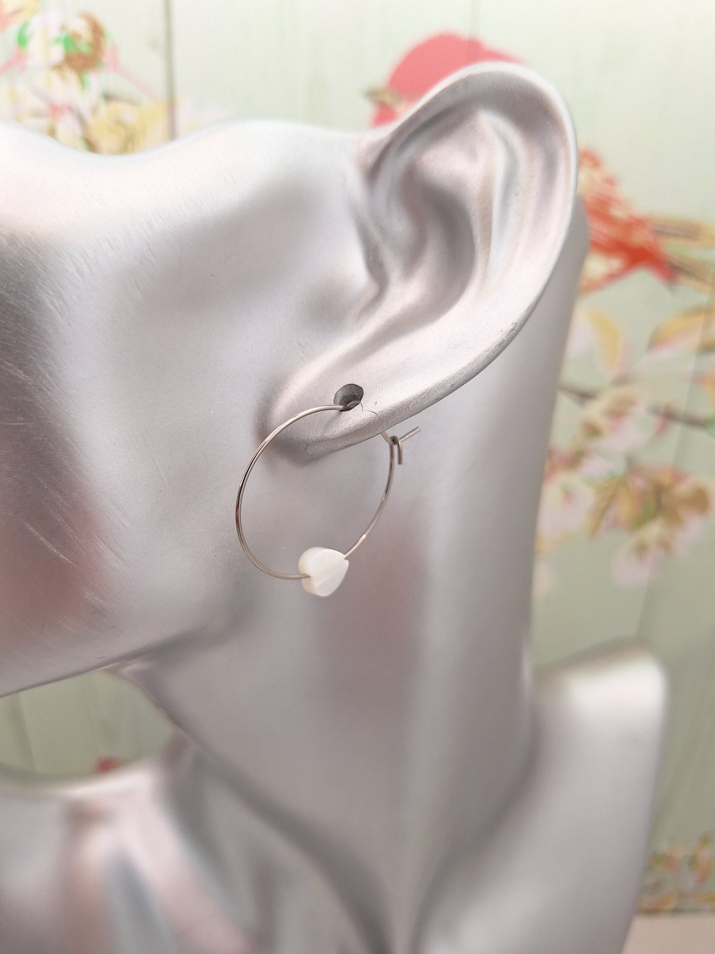 Heart Mother of Pearl Hoops on 316L Steel Colour Surgical Steel, Hypoallergenic Earrings for Women, 25mm Gold Shell Dangle Earrings.