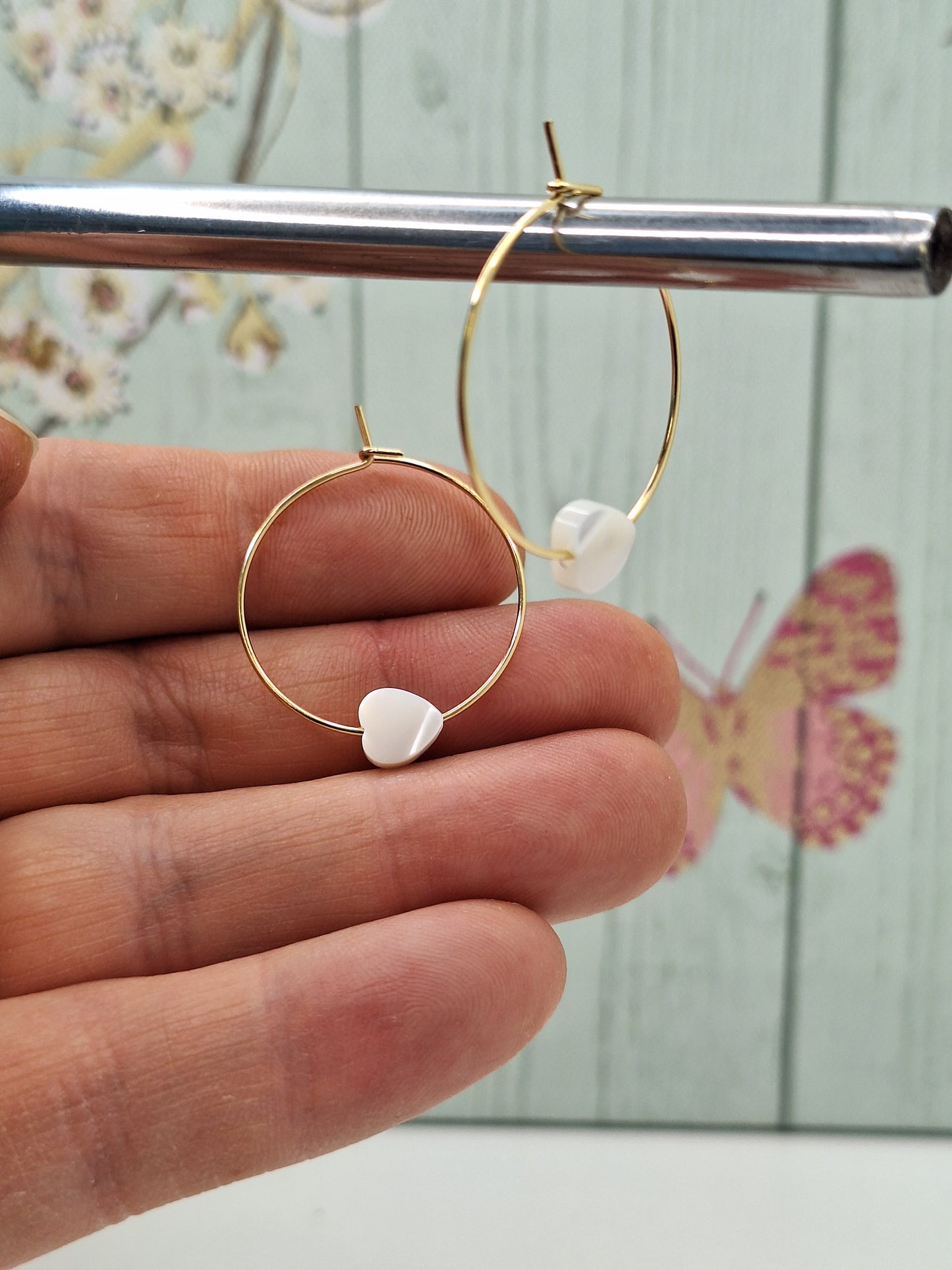 Heart Mother of Pearl Hoops on 316L Gold Surgical Steel, Hypoallergenic Earrings for Women, 25mm Gold Shell Dangle Earrings.