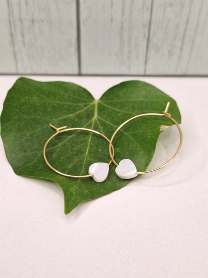 Heart Mother of Pearl Hoops on 316L Gold Surgical Steel, Hypoallergenic Earrings for Women, 25mm Gold Shell Dangle Earrings.