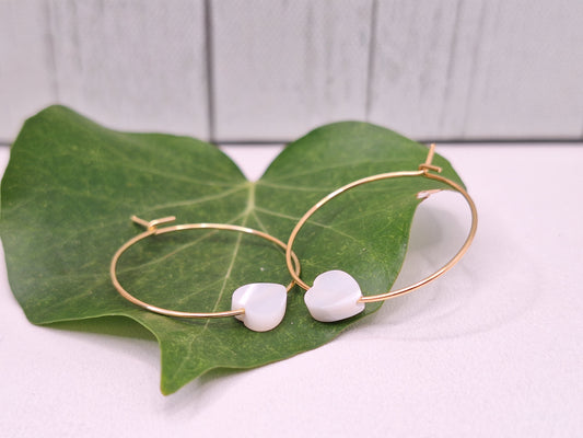 Heart Mother of Pearl Hoops on 316L Gold Surgical Steel, Hypoallergenic Earrings for Women, 25mm Gold Shell Dangle Earrings.