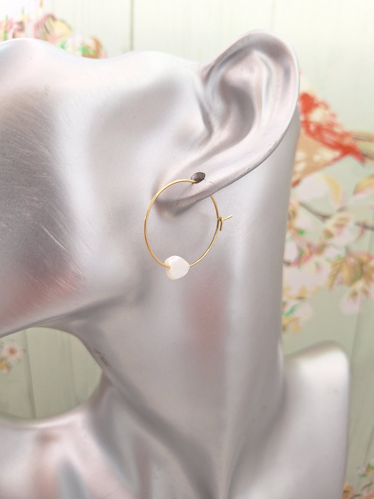 Heart Mother of Pearl Hoops on 316L Gold Surgical Steel, Hypoallergenic Earrings for Women, 25mm Gold Shell Dangle Earrings.