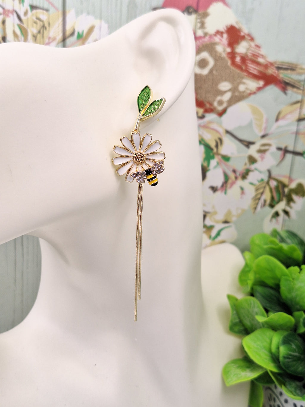 Daisy and Bee Enamel Asymmetric Earrings with Long Tassel