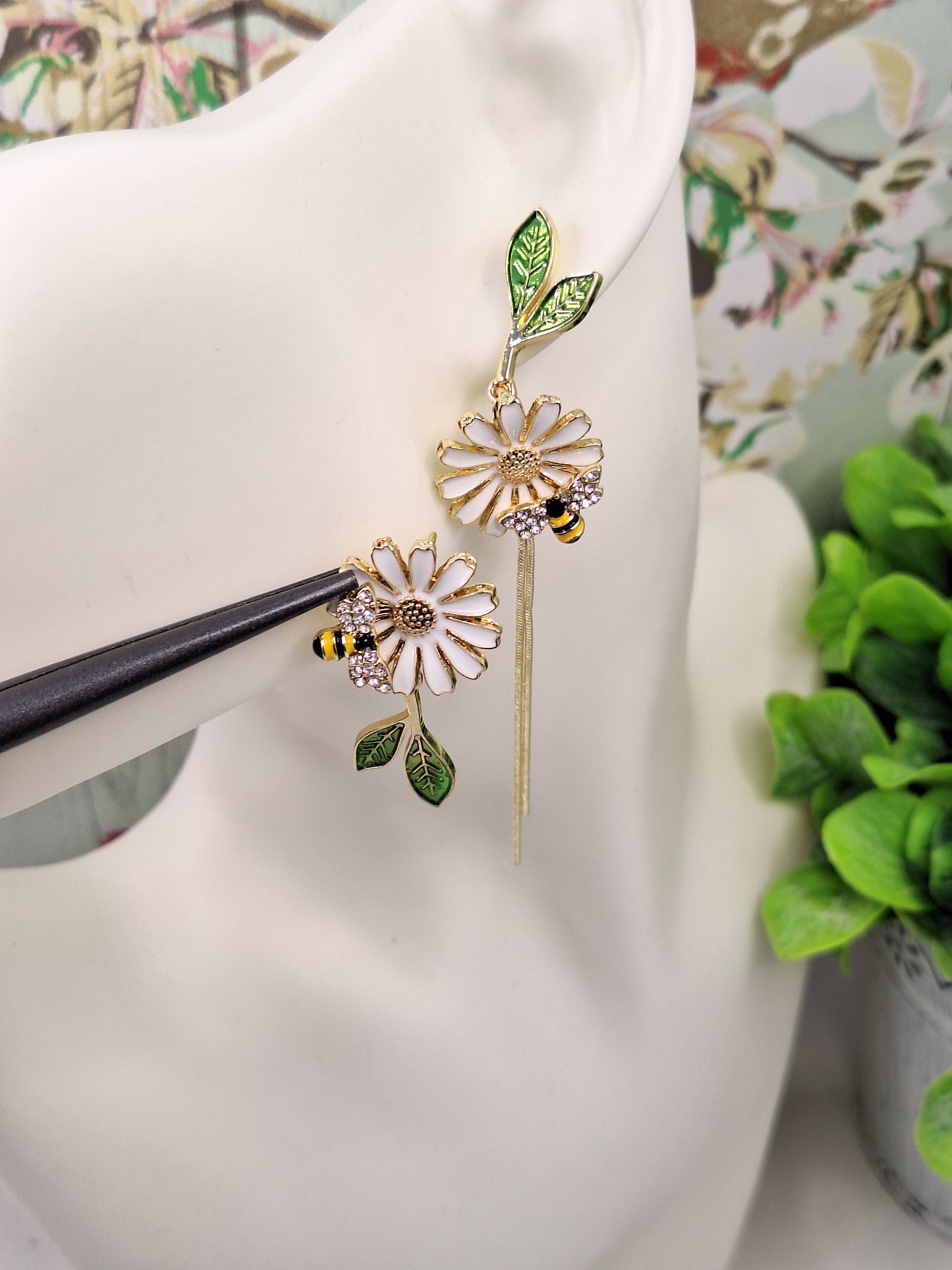 Daisy and Bee Enamel Asymmetric Earrings with Long Tassel