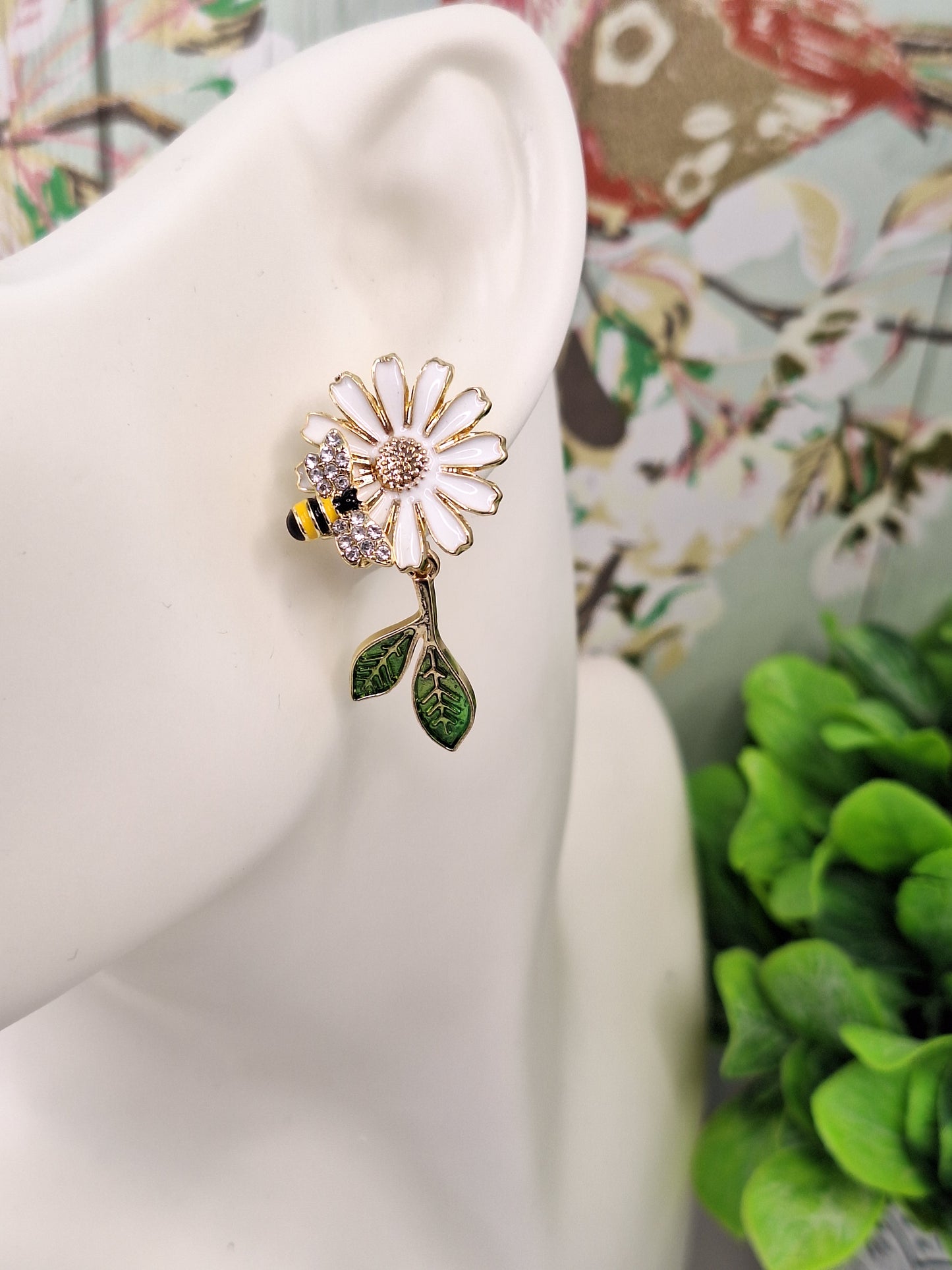 Daisy and Bee Enamel Asymmetric Earrings with Long Tassel