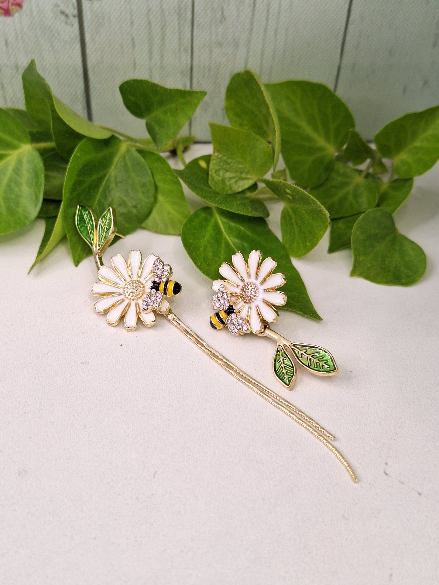 Daisy and Bee Enamel Asymmetric Earrings with Long Tassel