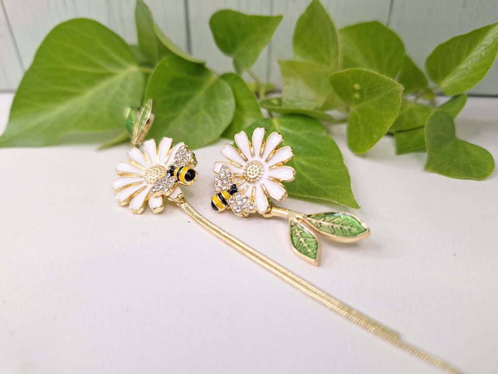 Daisy and Bee Enamel Asymmetric Earrings with Long Tassel