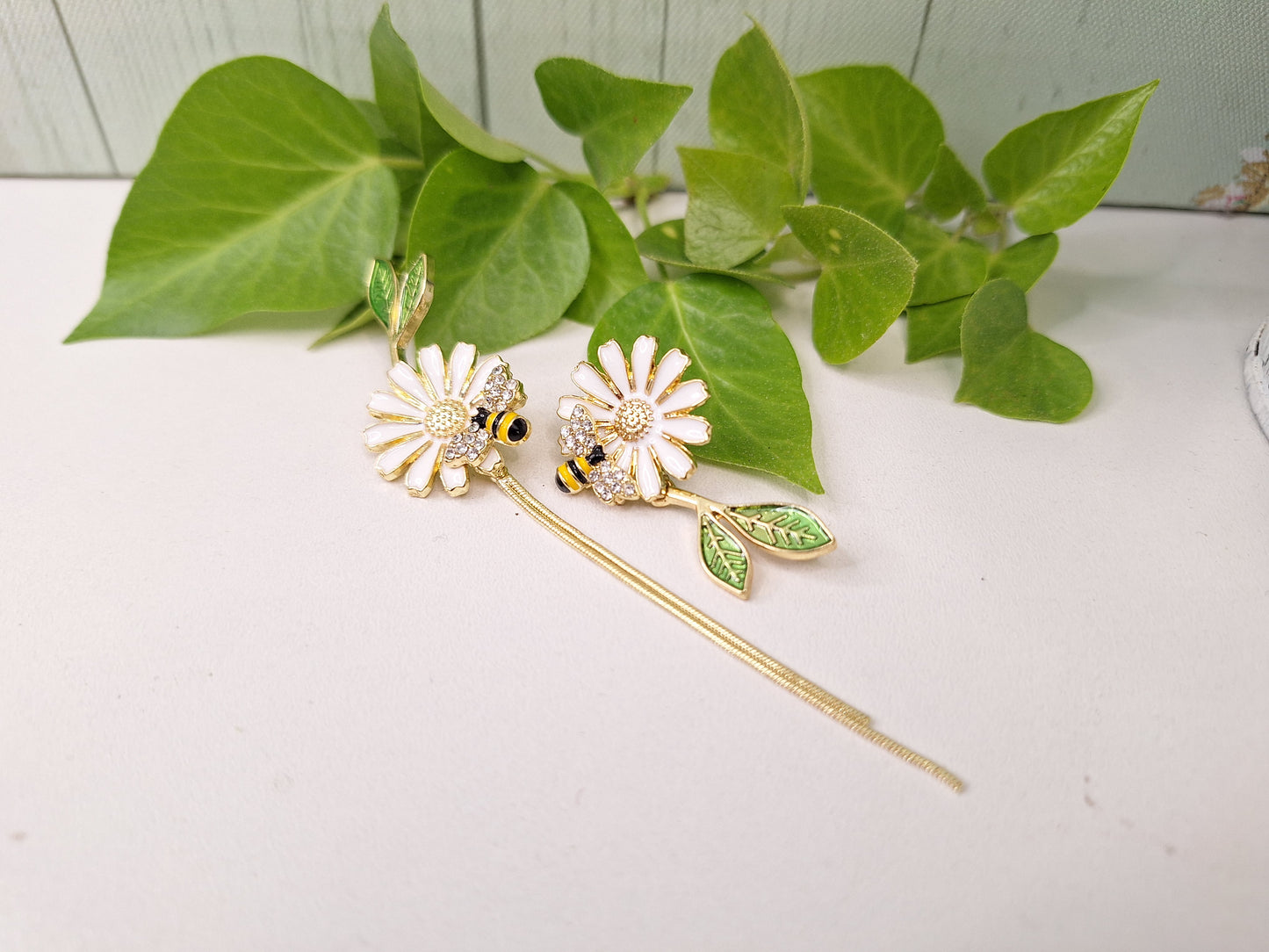 Daisy and Bee Enamel Asymmetric Earrings with Long Tassel