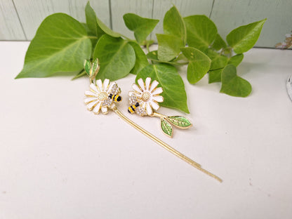 Daisy and Bee Enamel Asymmetric Earrings with Long Tassel