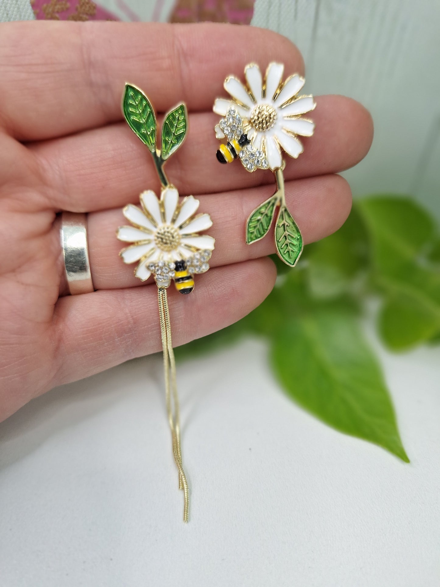 Daisy and Bee Enamel Asymmetric Earrings with Long Tassel