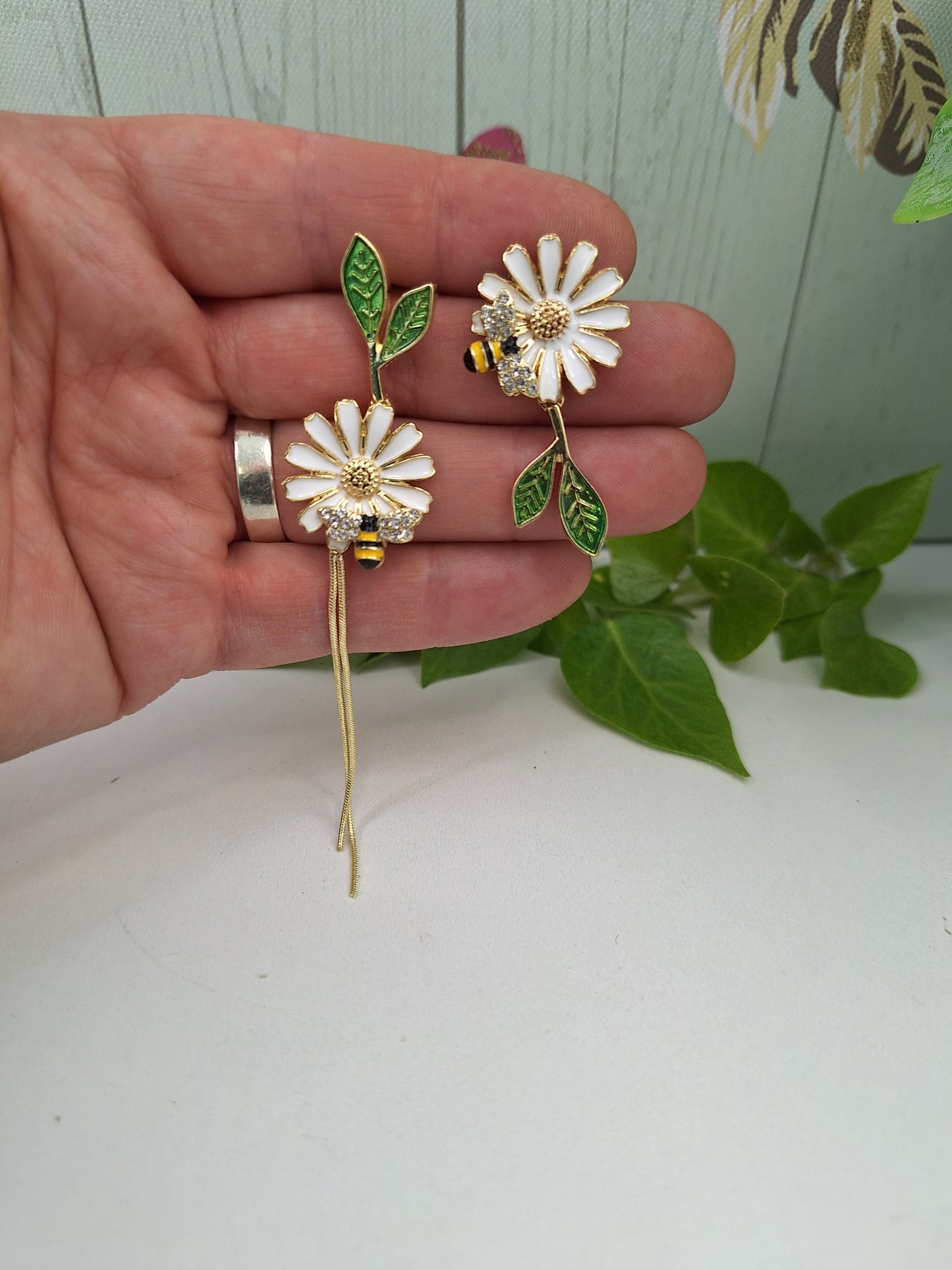 Daisy and Bee Enamel Asymmetric Earrings with Long Tassel