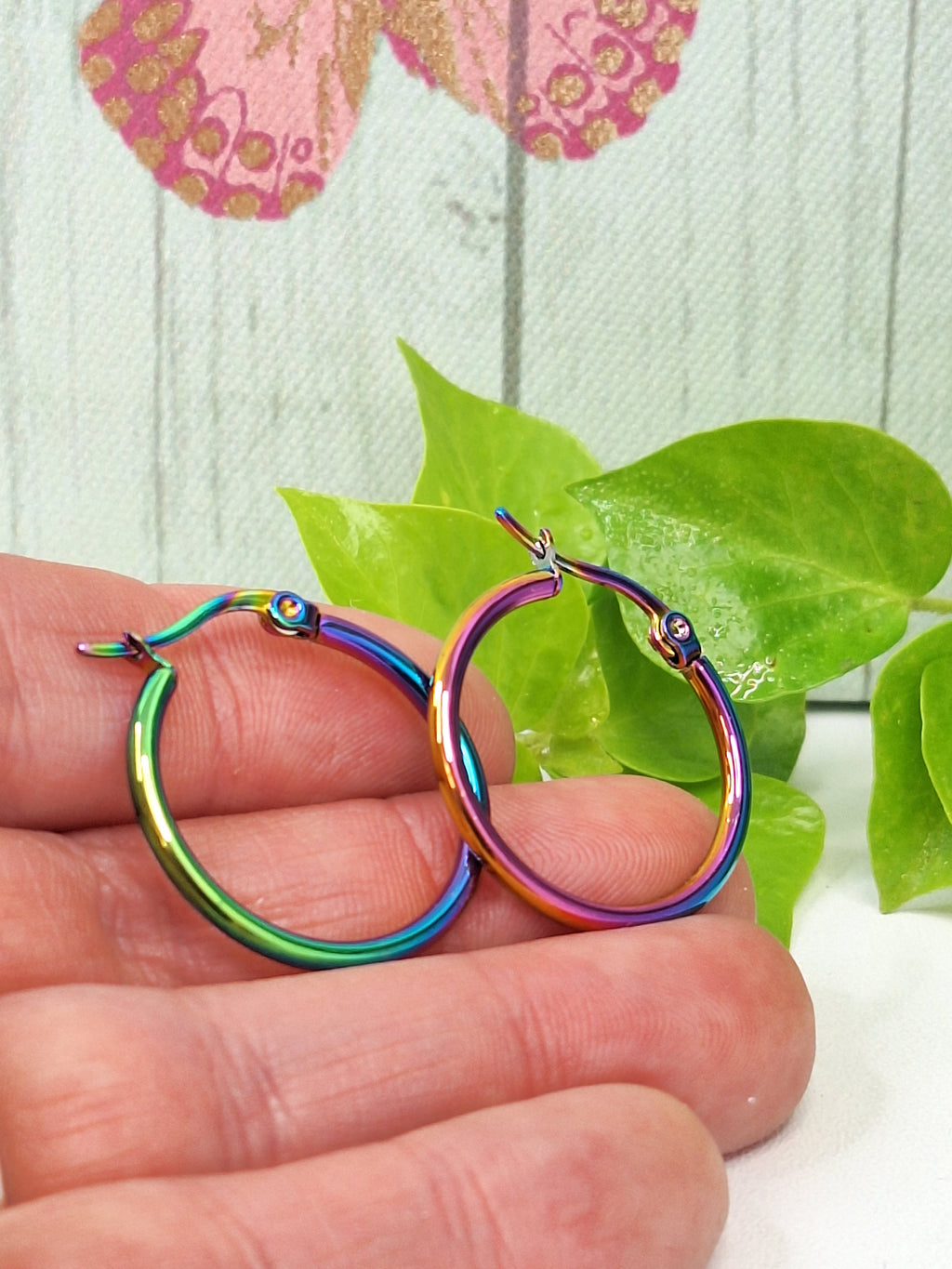 201 Stainless Steel Hoop Earrings, Hypoallergenic Earrings with Rainbow Holographic 25mm