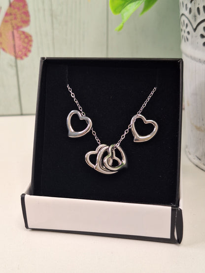 Silver Heart Hypoallergenic 304 Steel Earring and Necklace Set