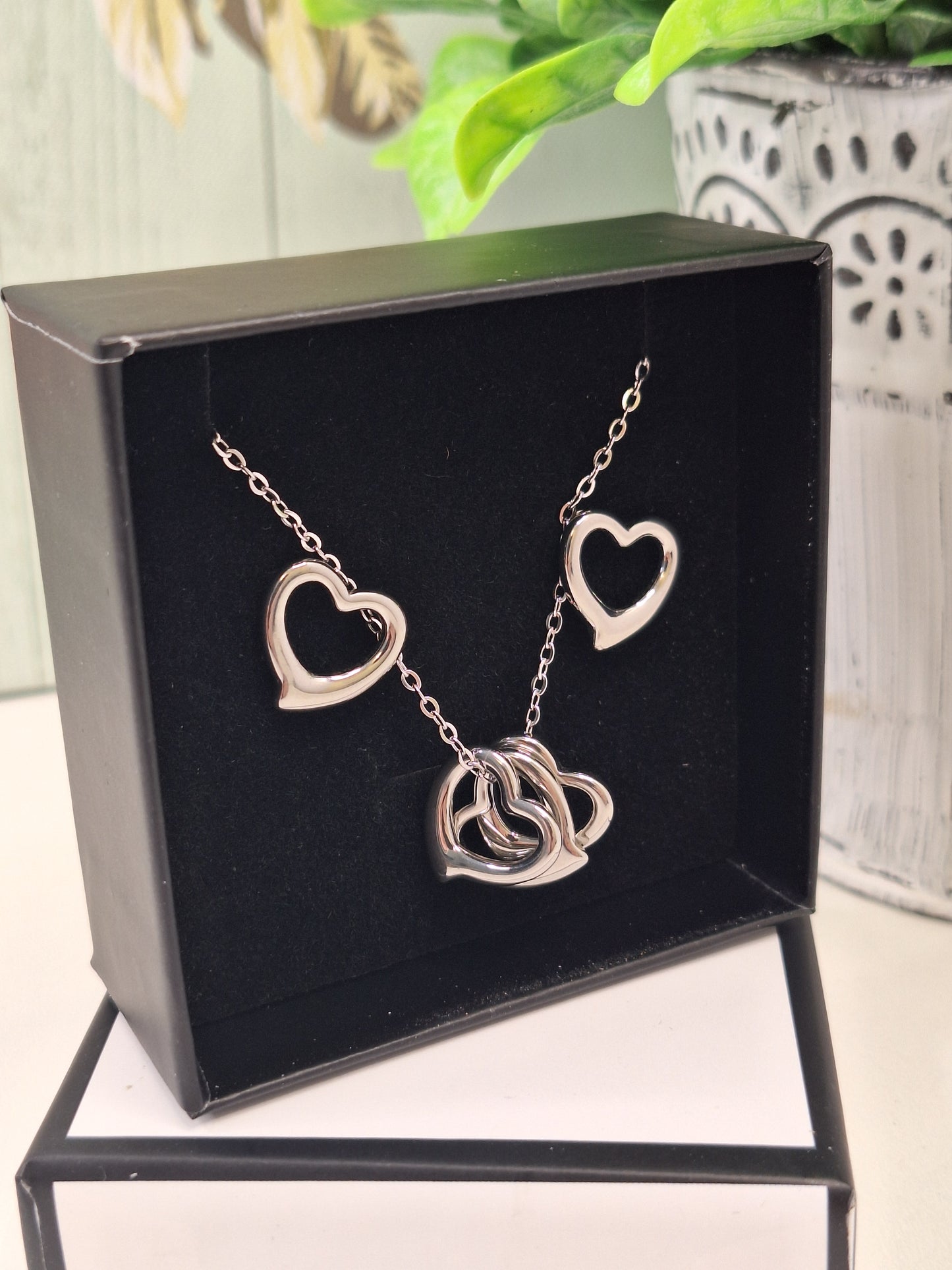 Silver Heart Hypoallergenic 304 Steel Earring and Necklace Set