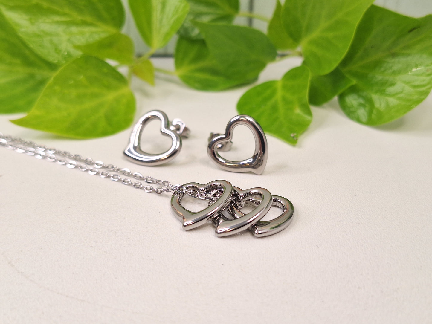 Silver Heart Hypoallergenic 304 Steel Earring and Necklace Set