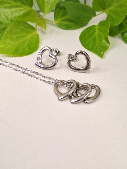 Silver Heart Hypoallergenic 304 Steel Earring and Necklace Set