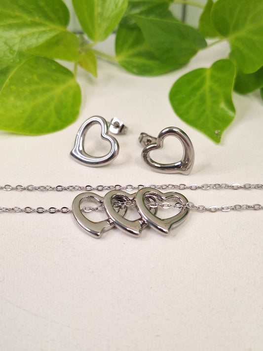 Silver Heart Hypoallergenic 304 Steel Earring and Necklace Set