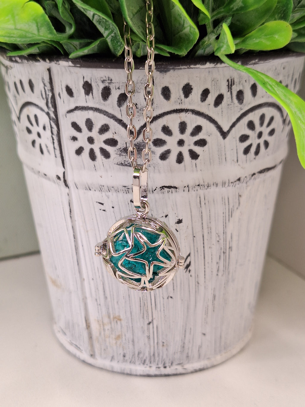 Platinum Plated Star Cage Pendant Necklace, Chunky Chain Silver Jewellery with Blue Crackle Beads Bead