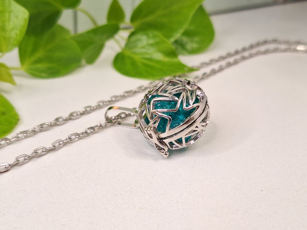 Platinum Plated Star Cage Pendant Necklace, Chunky Chain Silver Jewellery with Blue Crackle Beads Bead