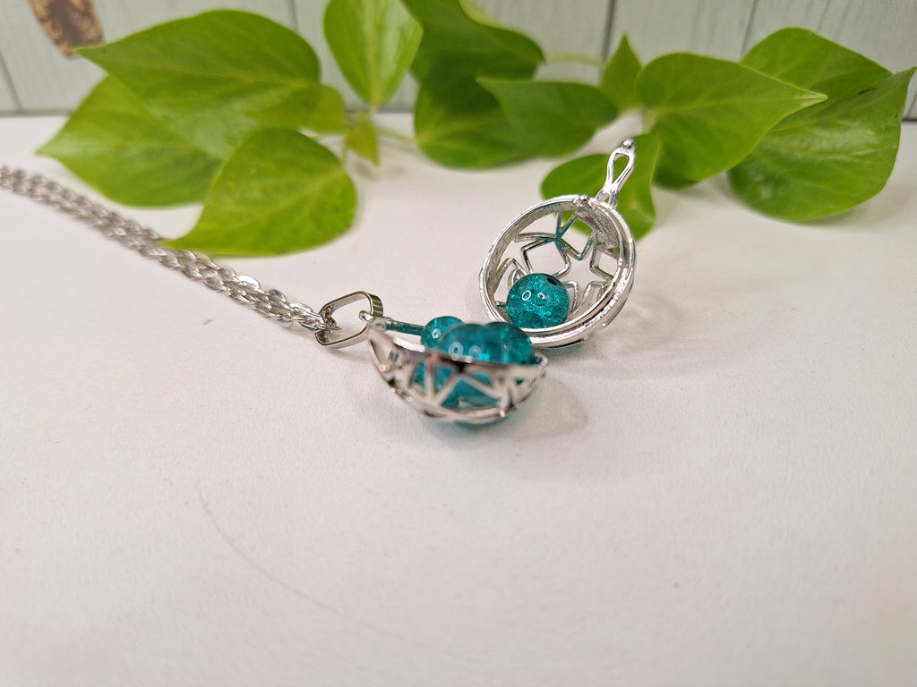 Platinum Plated Star Cage Pendant Necklace, Chunky Chain Silver Jewellery with Blue Crackle Beads Bead