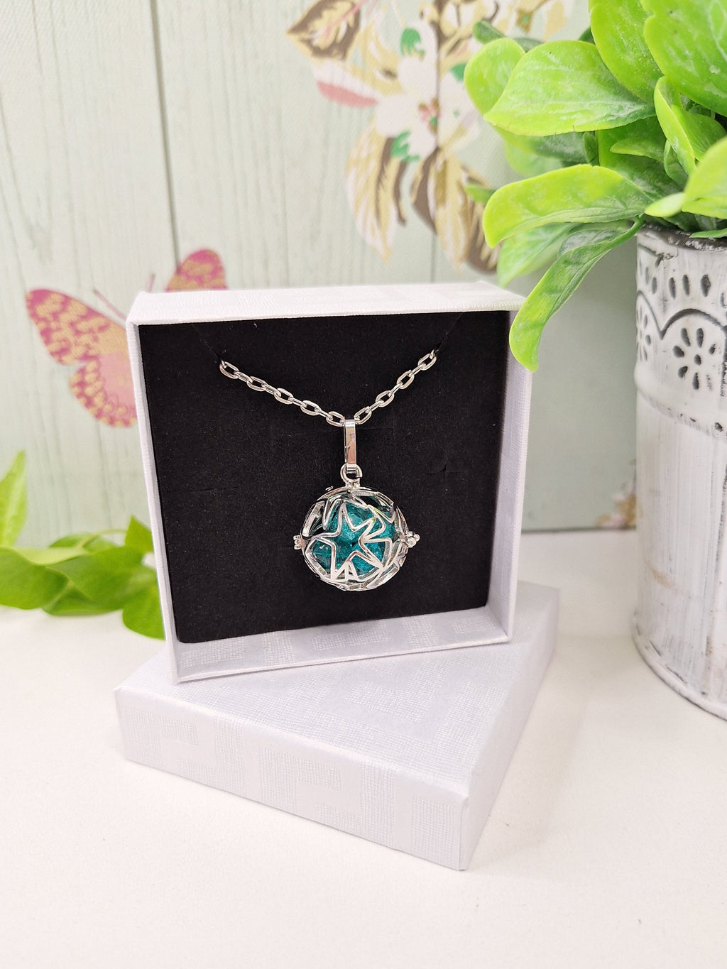 Platinum Plated Star Cage Pendant Necklace, Chunky Chain Silver Jewellery with Blue Crackle Beads Bead