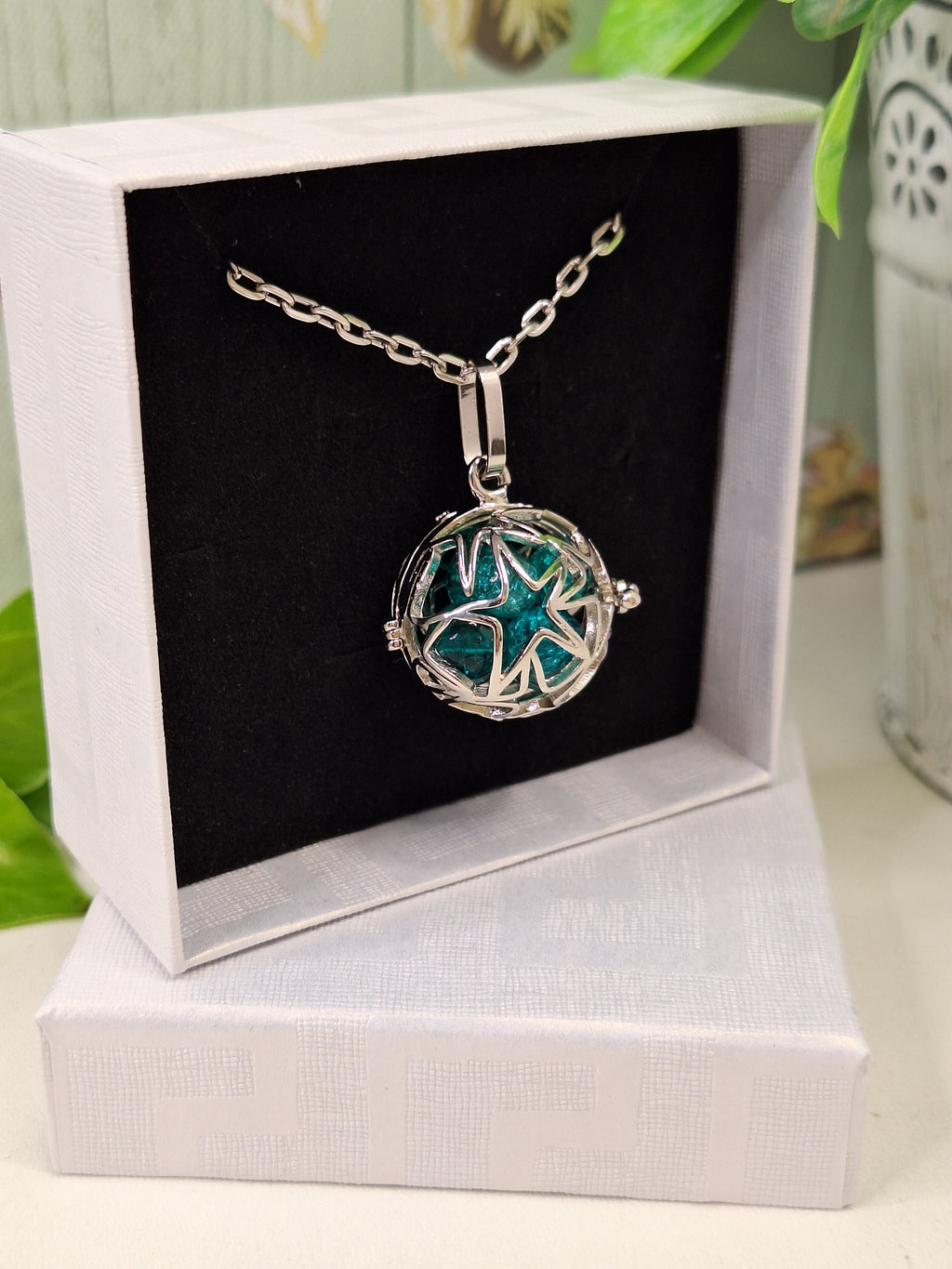 Platinum Plated Star Cage Pendant Necklace, Chunky Chain Silver Jewellery with Blue Crackle Beads Bead