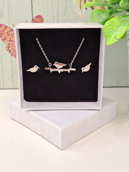 Silver Bird Hypoallergenic 304 Steel Earring and Necklace Set