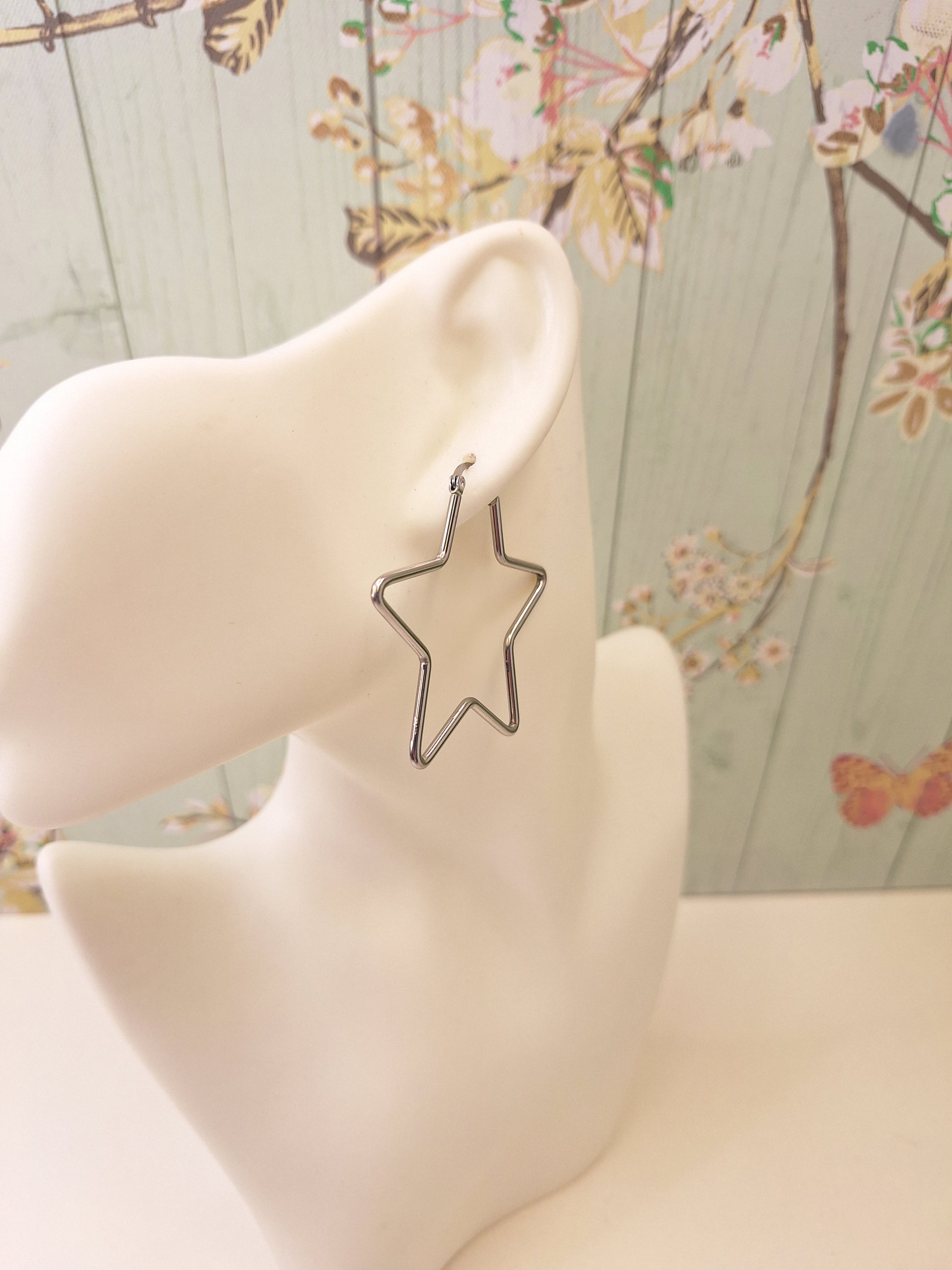 Oversized Stainless Steel 201 Hypoallergenic Star Hoops, Large Silver Hoop