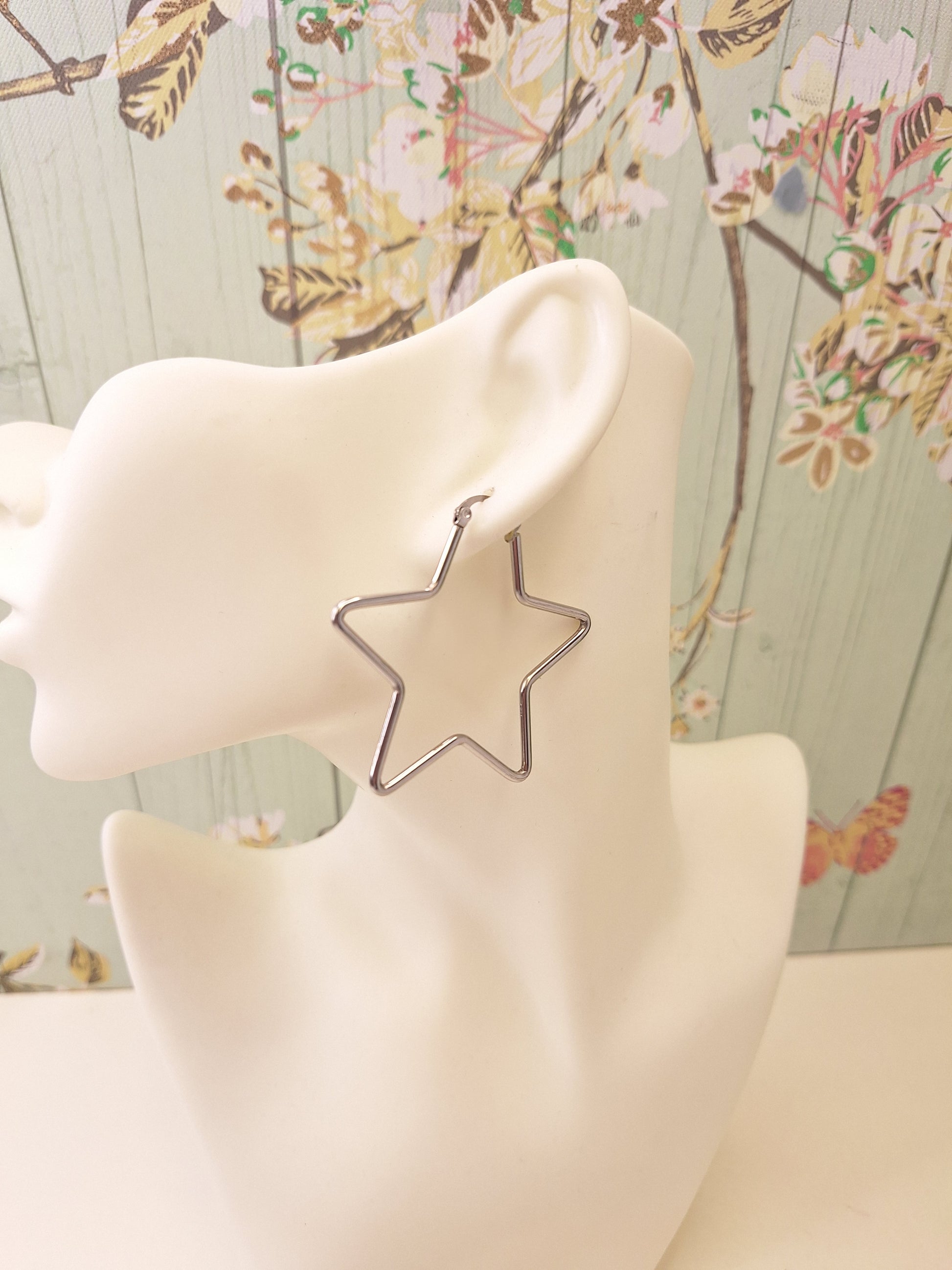 Oversized Stainless Steel 201 Hypoallergenic Star Hoops, Large Silver Hoop